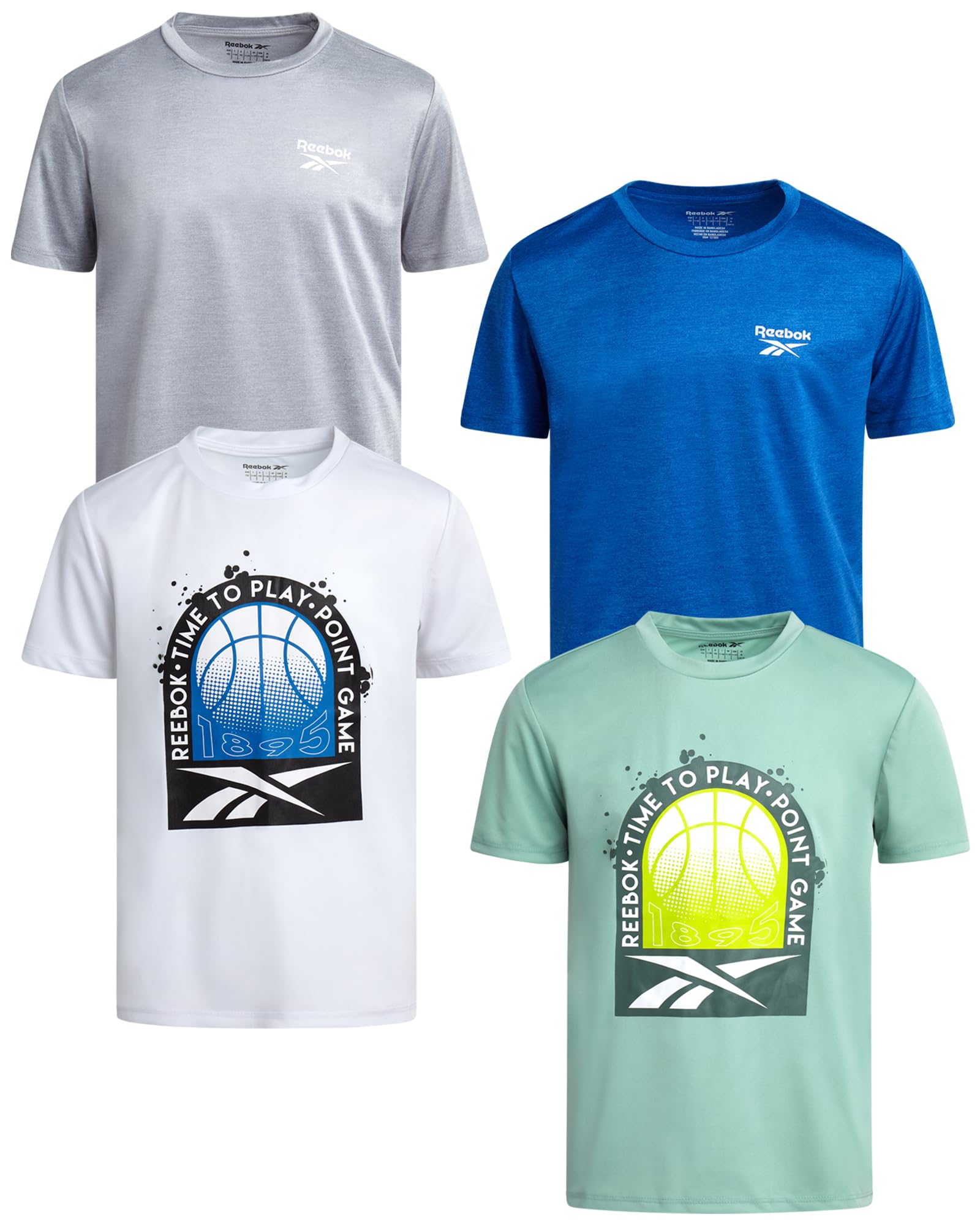 Reebok Active Boys Tshirts - 4 Pack Dry Fit Crew Neck Short Sleeve Boys Athletic Shirts Youth Kids Activewear